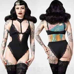 Killstar lorelei black bodysuit goth pinup alternative lace lingerie‎